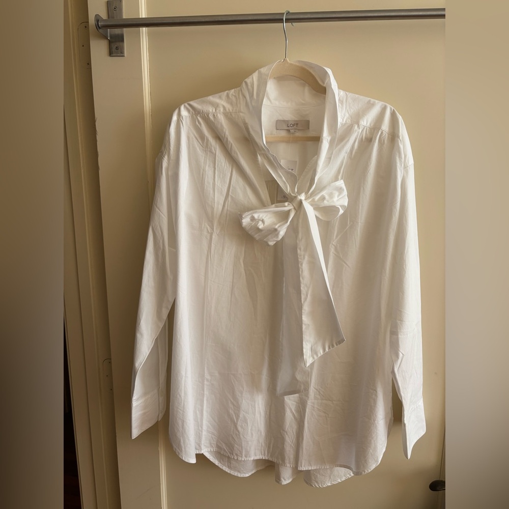 NWT LOFT White Bow Poplin Tunic Blouse - Picture 5 of 8